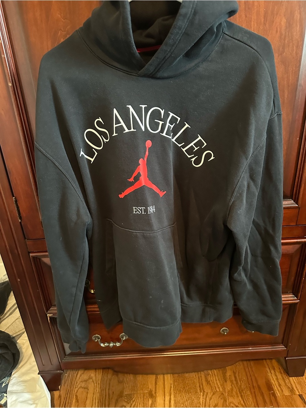 Jordan Black Hoodie with Red Jumpman and White Los Angeles Text